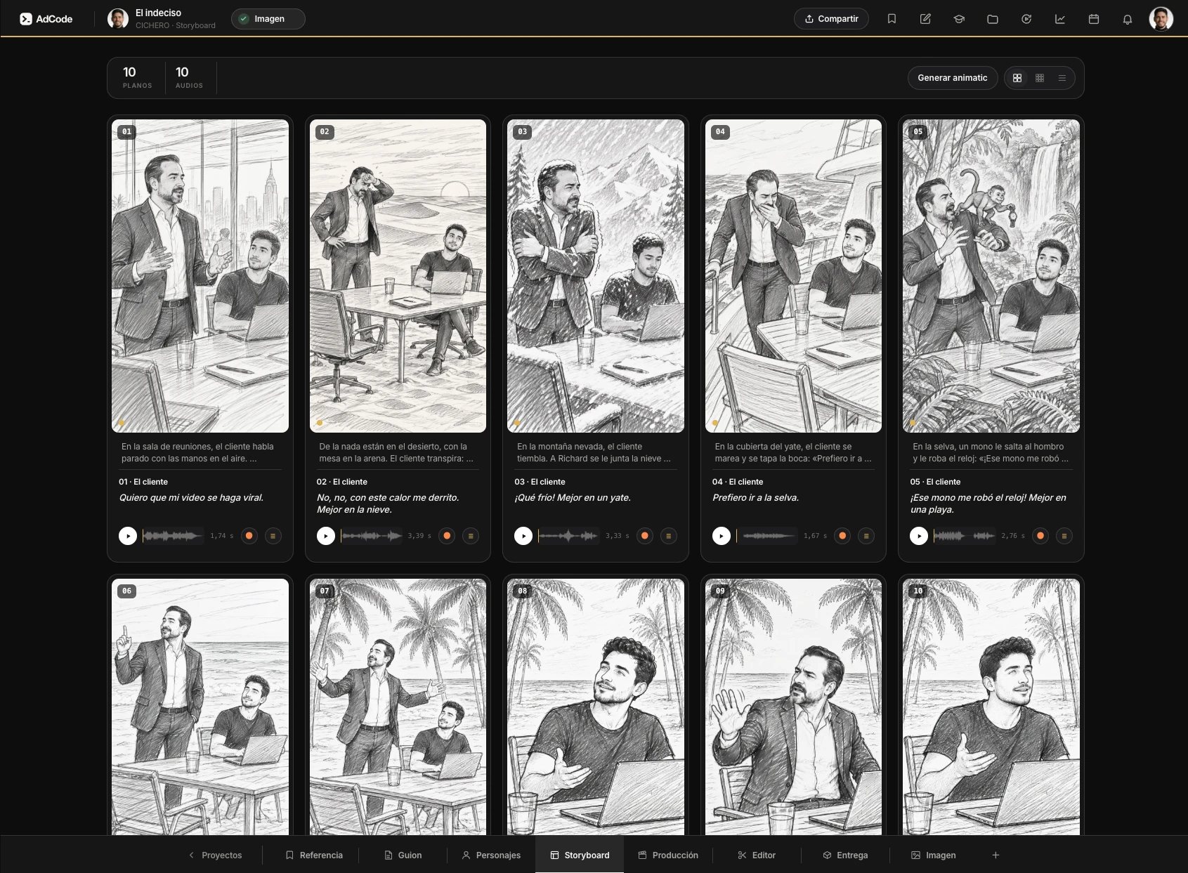 El storyboard de un reel en mi sistema, con los diez planos dibujados y sus voces, antes de generar el video