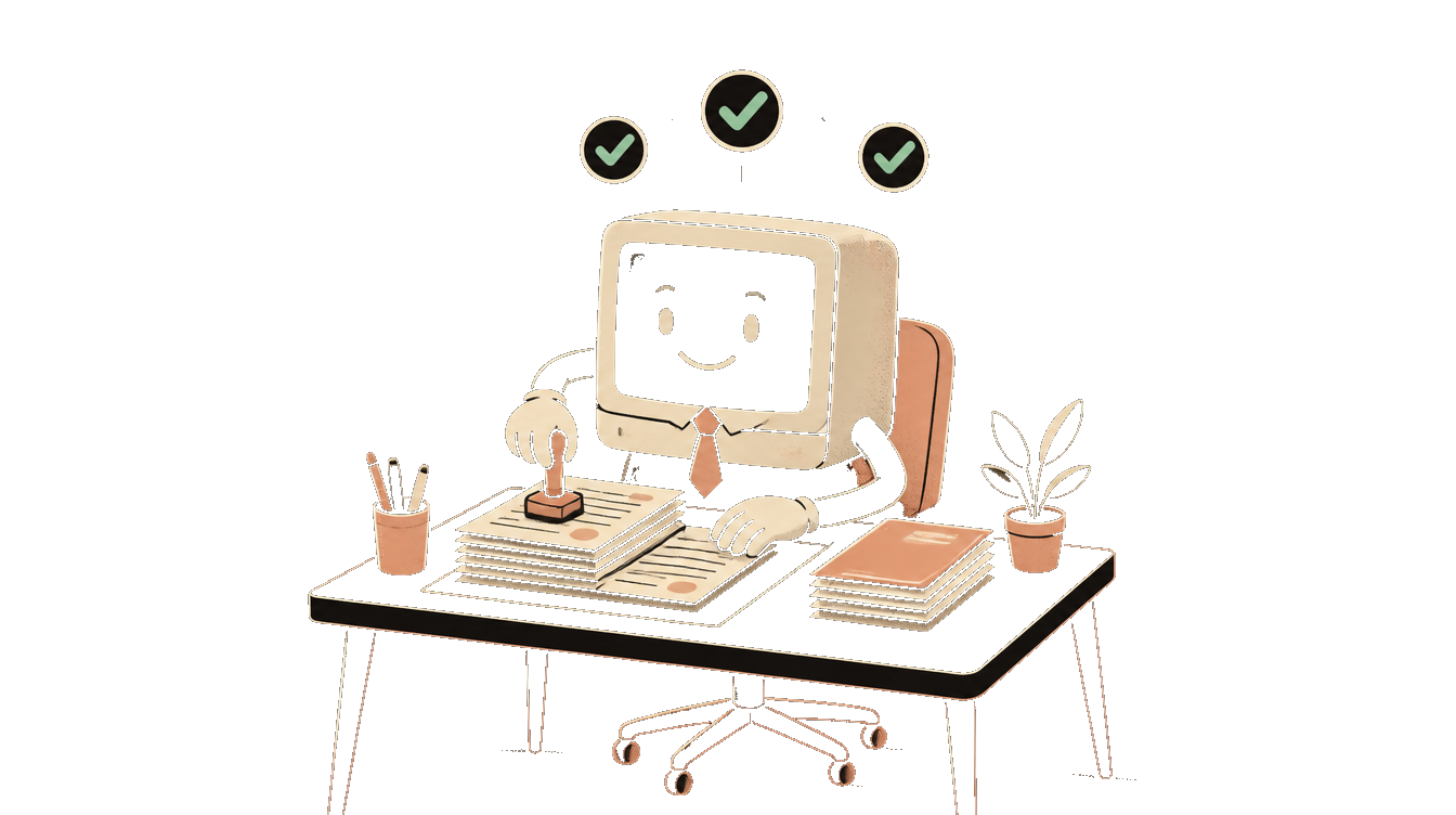 Mascota Macintosh trabajando en su escritorio con documentos listos
