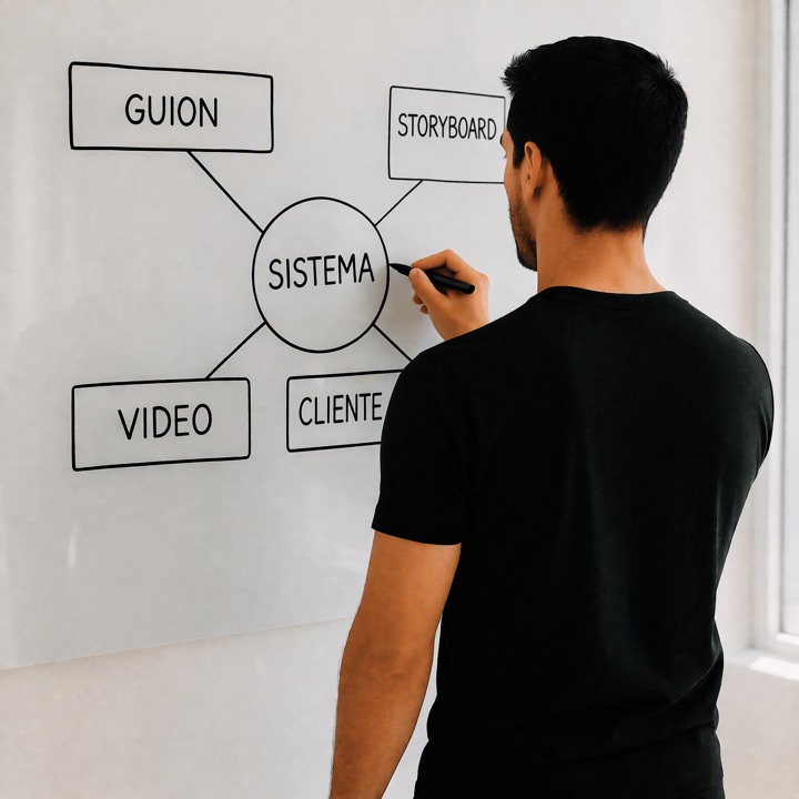 Richard Cichero dibujando el sistema en un pizarrón: guion, storyboard, video y cliente