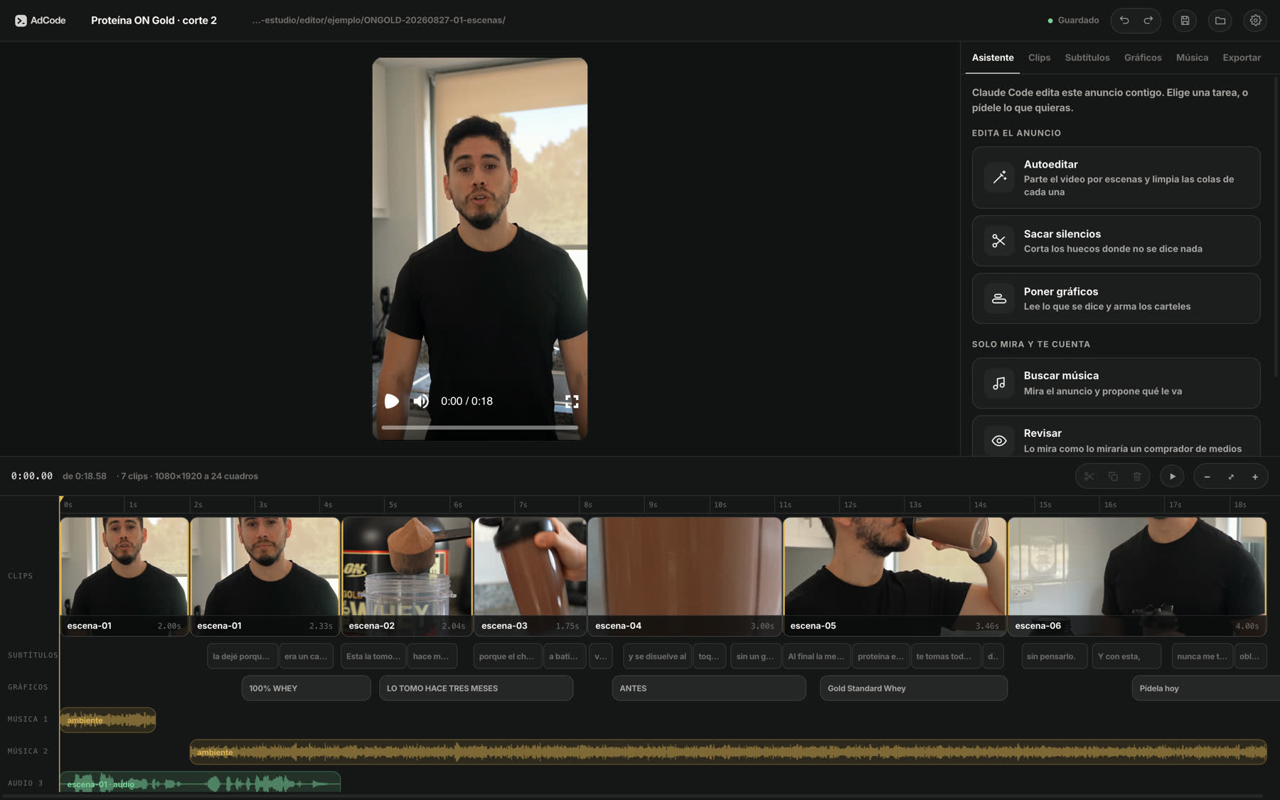 El AdCode Editor con el tercer anuncio abierto: siete clips en la línea de tiempo, subtítulos, gráficos, pistas de audio y el panel del asistente a la derecha