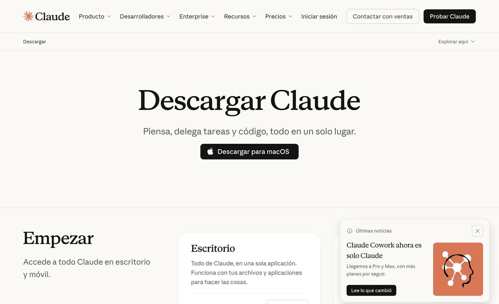 Página oficial de descarga de la app de Claude, con el botón Descargar para macOS