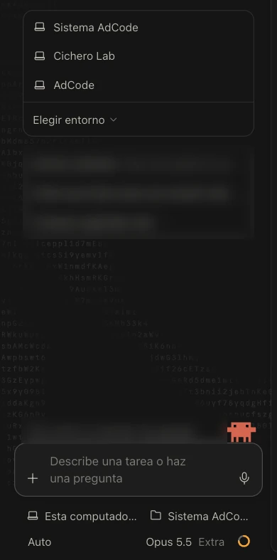 Pantalla de sesión nueva en la pestaña Code de la app de Claude, con la lista de carpetas recientes, la caja de texto y los botones Esta computadora y carpeta