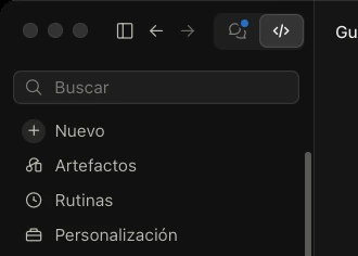 Esquina superior izquierda de la app de Claude con las pestañas Claude y Code y el menú Nuevo, Artefactos, Rutinas y Personalización