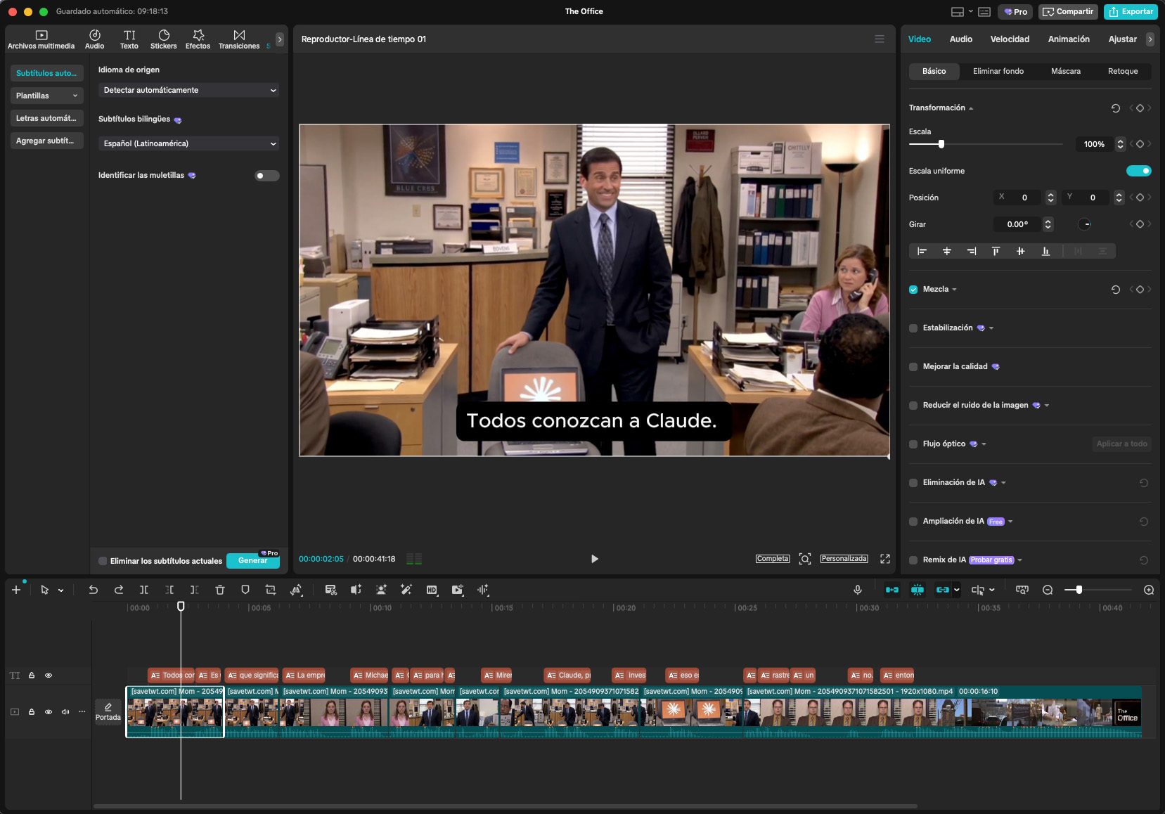 Edición en CapCut de una escena de The Office con Michael Scott, cortes en la línea de tiempo y el subtítulo 'Todos conozcan a Claude' para el lip sync