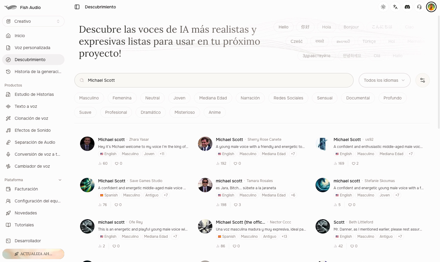 Buscador de voces de Fish Audio con el resultado 'Michael Scott' de The Office y varias clonaciones de la comunidad en inglés y español