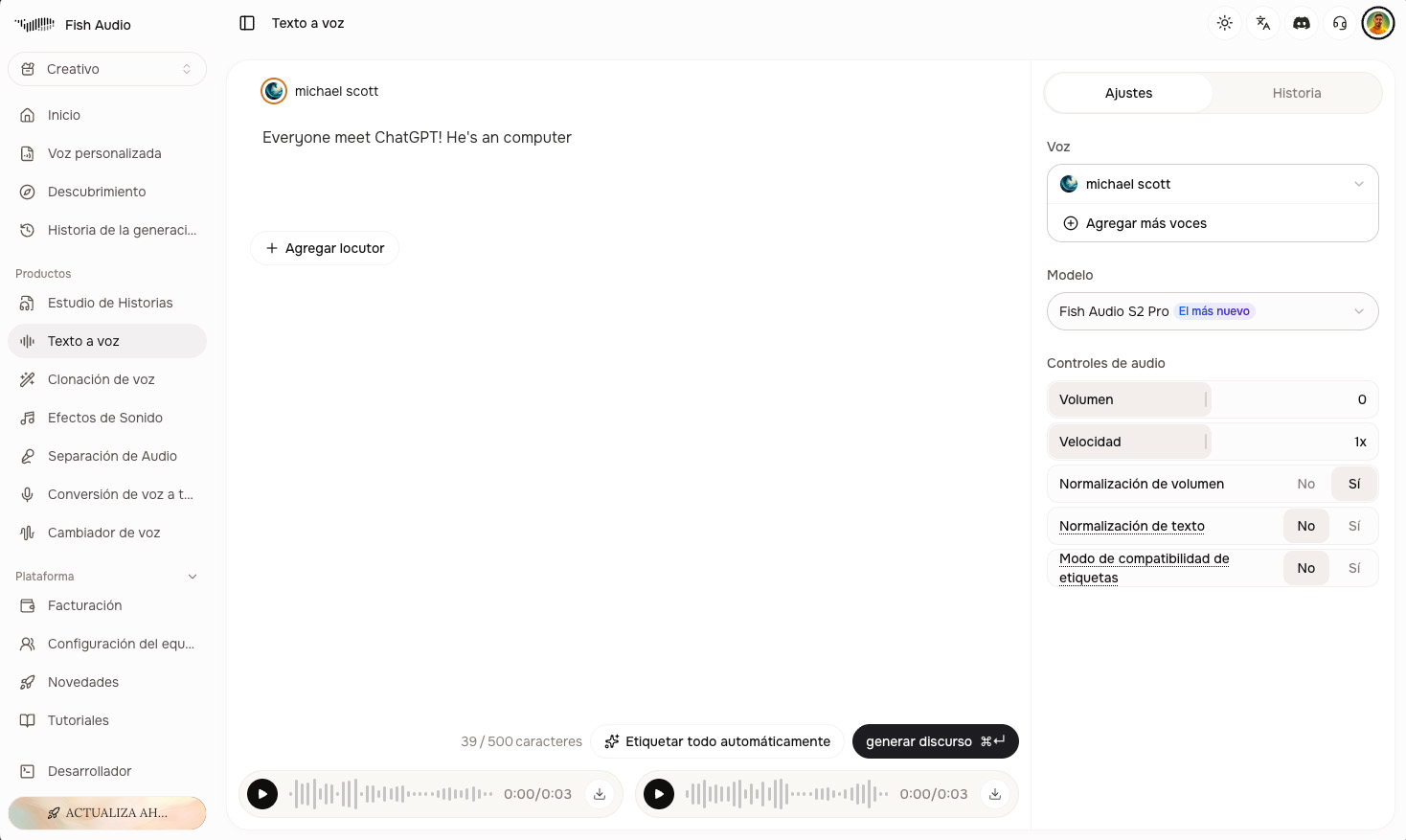 Pantalla de texto a voz de Fish Audio con la voz de Michael Scott seleccionada y el diálogo nuevo escrito, listo para generar