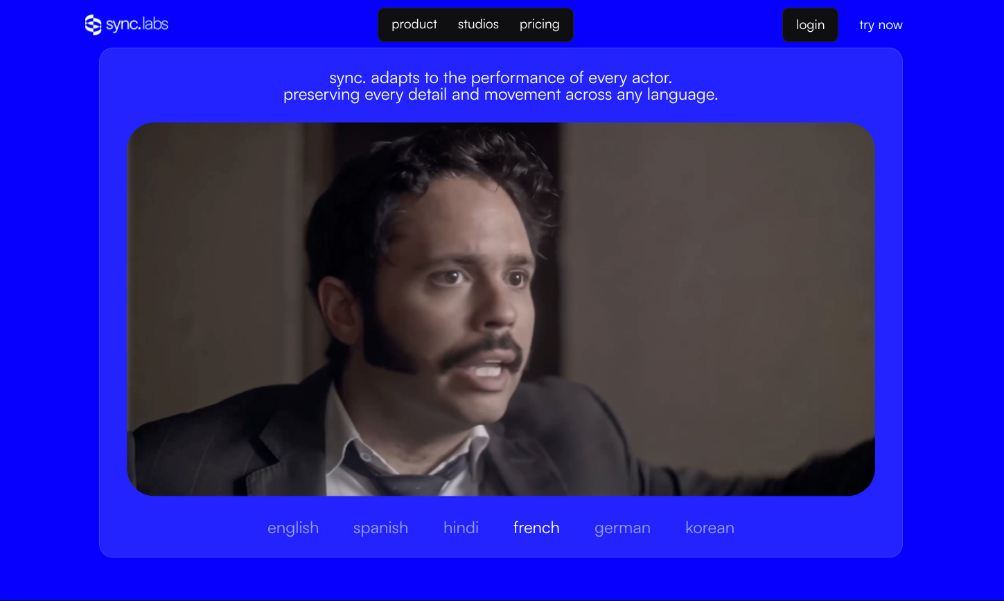 Página de sync.so mostrando cómo el lip sync de IA adapta la interpretación de un actor preservando cada detalle en distintos idiomas