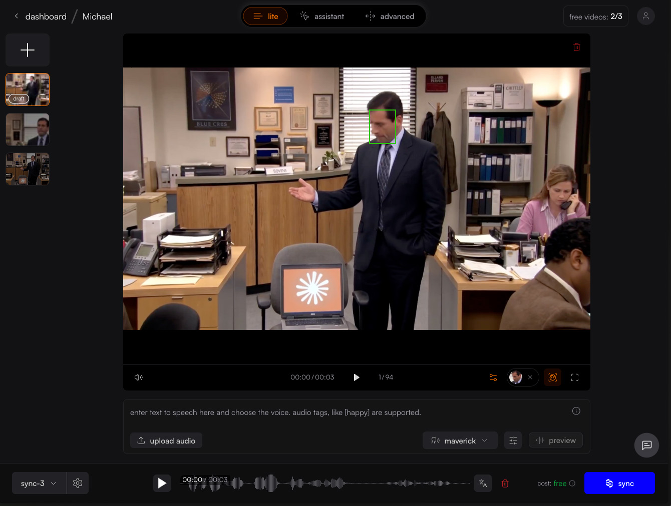 Editor de sync.so con la escena de The Office y el Speaker Selection marcando la cara de Michael Scott para aplicarle el lip sync